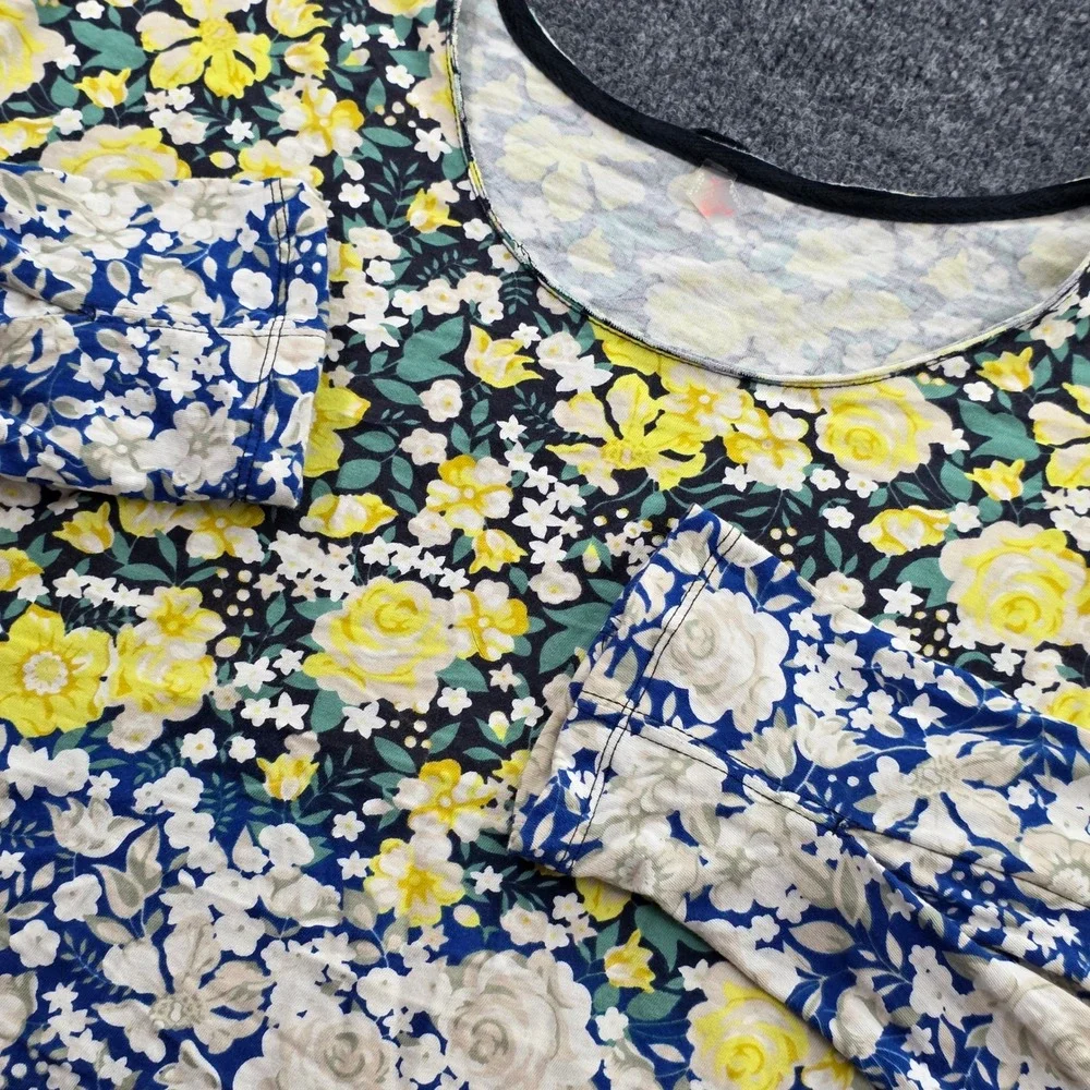 Free People FP Movement Floral Top Long Sleeve Cotton Boho Tee Large Blue Yellow